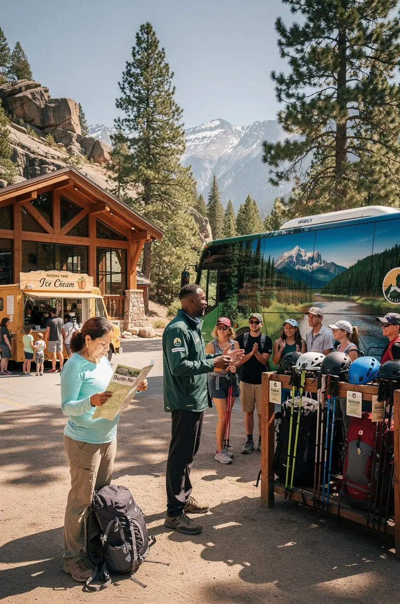 Современный шаттл возле входа в национальный парк, готовый к перевозке туристов с арендованным снаряжением.